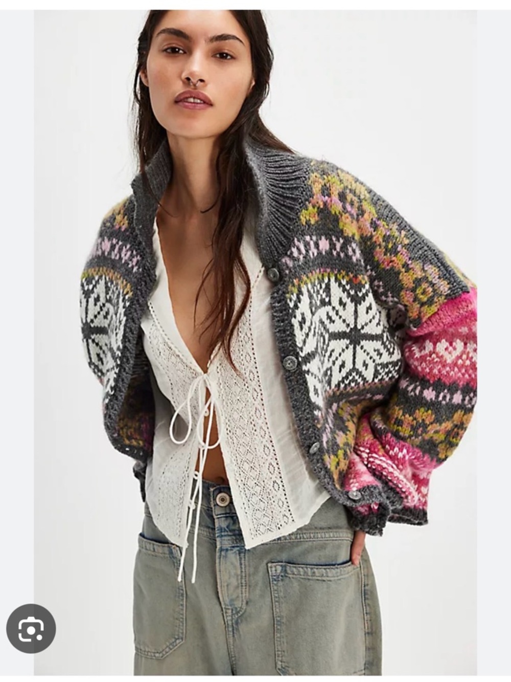 Free People Snowdrift Cardigan Fair Isle Knit Sweater - Gray & Pink